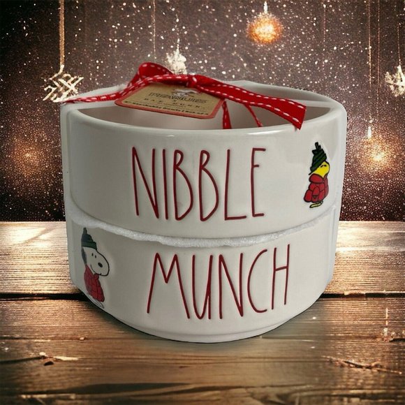 Rae Dunn Peanuts Snoopy Dog Food Balls Set of 2 NIBBLE MUNCH Stackable NEW - Picture 1 of 7